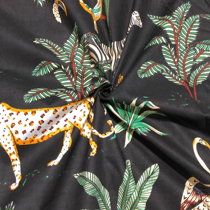 50cm単位】ブラックサファリ スクリーンプリント インド テキスタイル