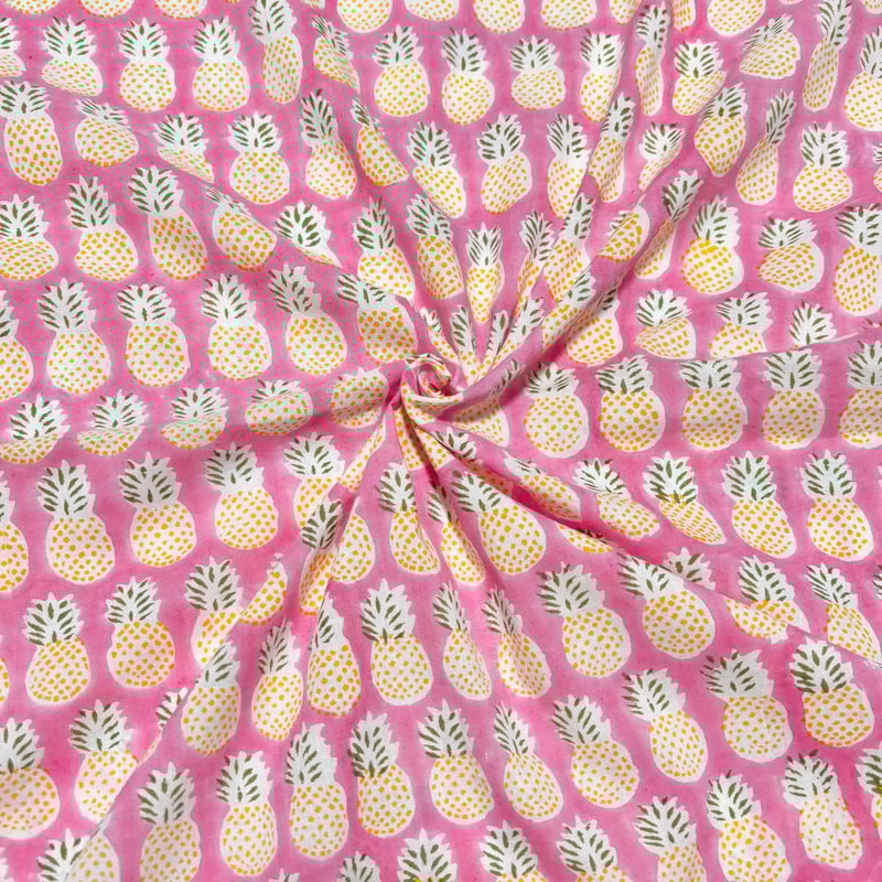 50cm単位】ピンクイエローパイナップル インド ハンドブロックプリント