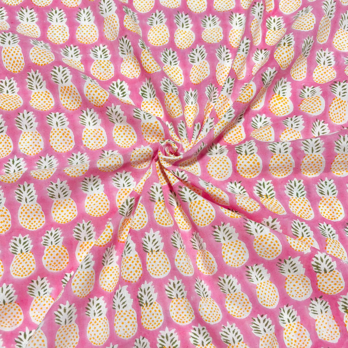 50cm単位】ピンクイエローパイナップル インド ハンドブロックプリント