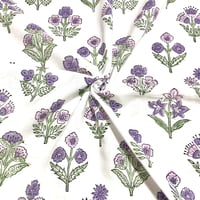 【50cm単位】ホワイトパープルピンクフラワー　インド　ハンドブロックプリント生地　テキスタイル  コットン