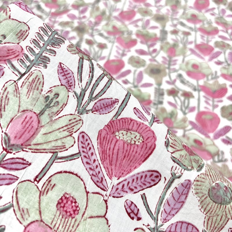 50cm単位】ホワイトくすみグリーンピンクプリティフラワー インド