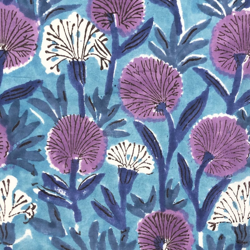 50cm単位】ライトブルーパープル綿毛 インド ハンドブロック