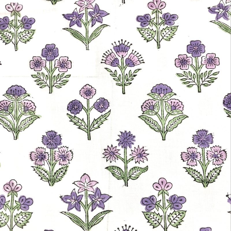 50cm単位】ホワイトパープルピンクフラワー インド ハンドブロック