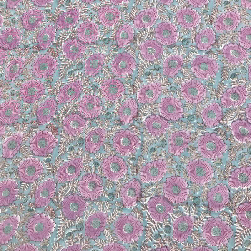 【M】中綿入り リバーシブルブロックプリント 花柄 ピンク×グリーン 407 ハンドブロックプリント生地 インド綿 ブルー系ベース×グリーンや