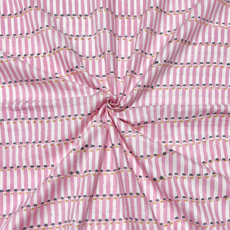 50cm単位】ホワイトピンクストライプドット インド ハンドブロック