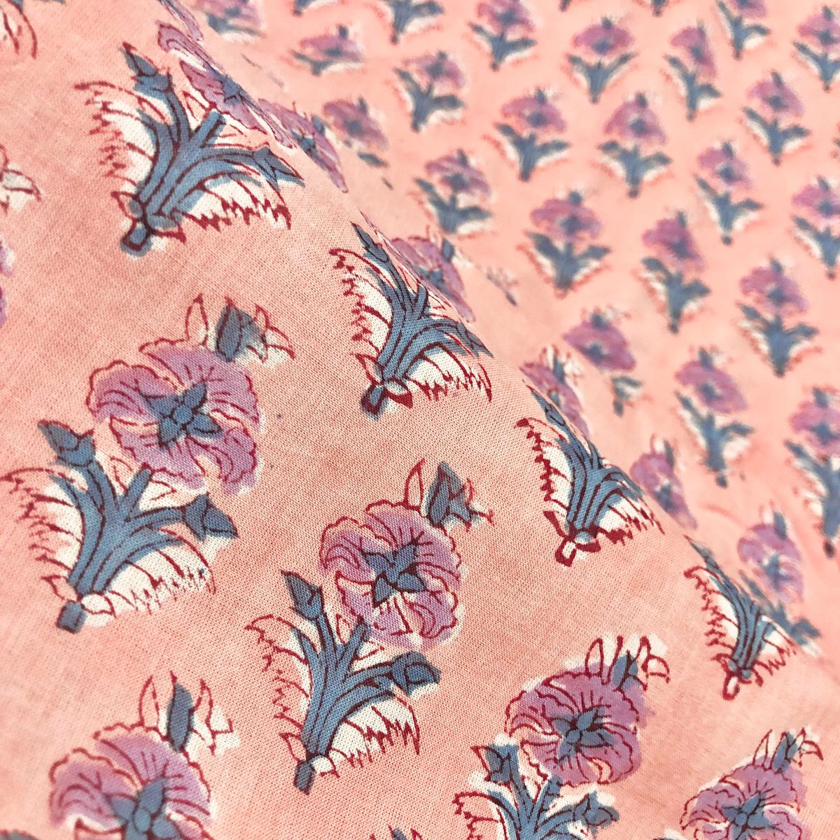 Sale フレンチピンクS ブロックプリントリキルト　オーガニックコットン 50cm単位】サーモンピンクパープルスモールフラワー インド