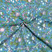 【50cm単位】ターコイズブルーピンクホワイトフラワー　インド　ハンドブロックプリント生地　テキスタイル  コットン