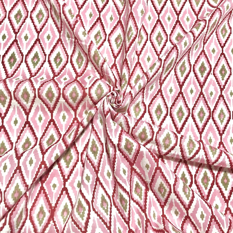 50cm単位】ホワイトピンクレッドひし形 インド ハンドブロック