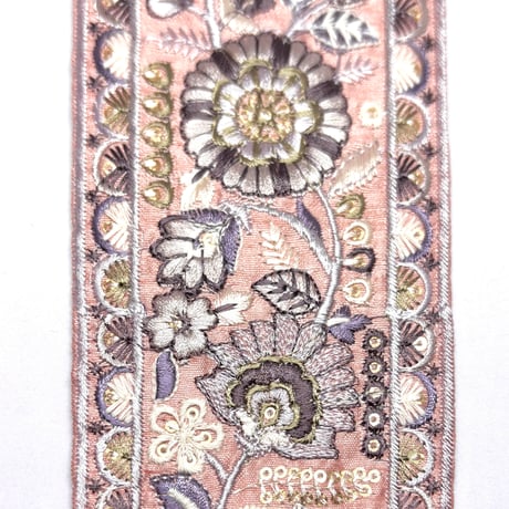 【50cm単位】ピンク　カラフルフラワー　インド刺繍リボン　ハンドメイド材料　りぼん素材