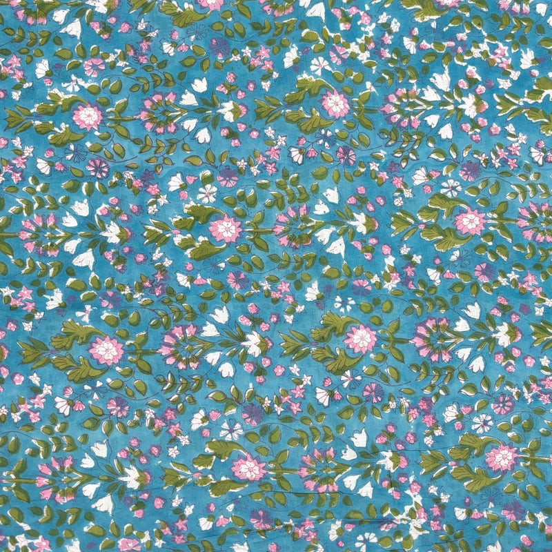 未使用※インド ブロックプリント 中綿入りキルト ターコイズフラワー