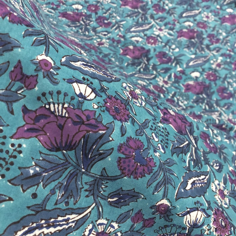 50cm単位】マリンブルーパープルフラワー 片耳ボーダー付き インド