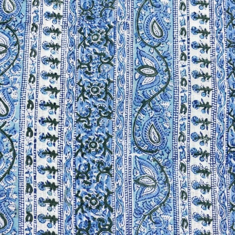 【50cm単位】ブルーホワイトペーズリーストライプ　インド　ハンドブロックプリント生地　テキスタイル  コットン