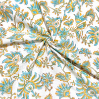 【50cm単位】ホワイトライトブルーイエローフラワー　インド　ハンドブロックプリント生地　テキスタイル  コットン