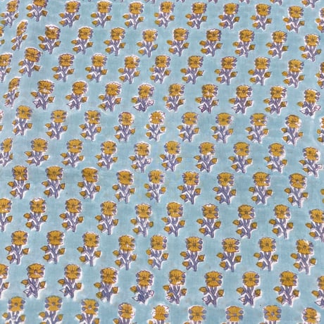 【50cm単位】パウダーブルーイエロースモールフラワー　インド綿　ハンドブロックプリント生地　コットン