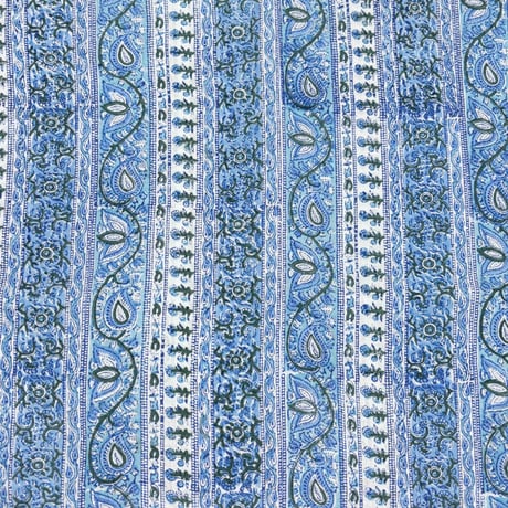 【50cm単位】ブルーホワイトペーズリーストライプ　インド　ハンドブロックプリント生地　テキスタイル  コットン
