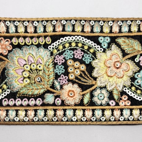 【50cm単位】ブラックイエロー　スパンコールフラワー　インド刺繍リボン　ハンドメイド材料　りぼん素材