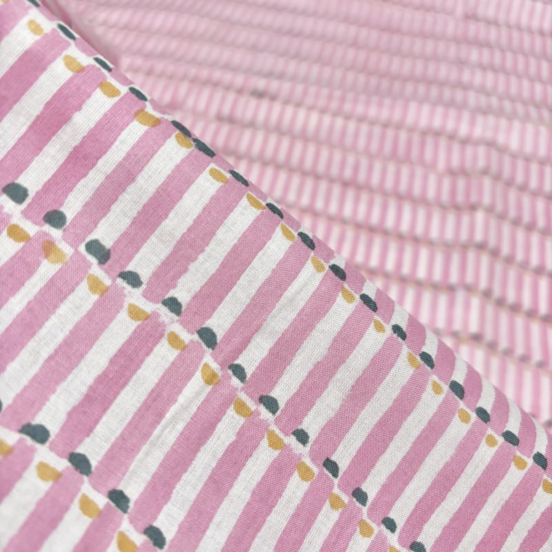 50cm単位】ホワイトピンクストライプドット インド ハンドブロック