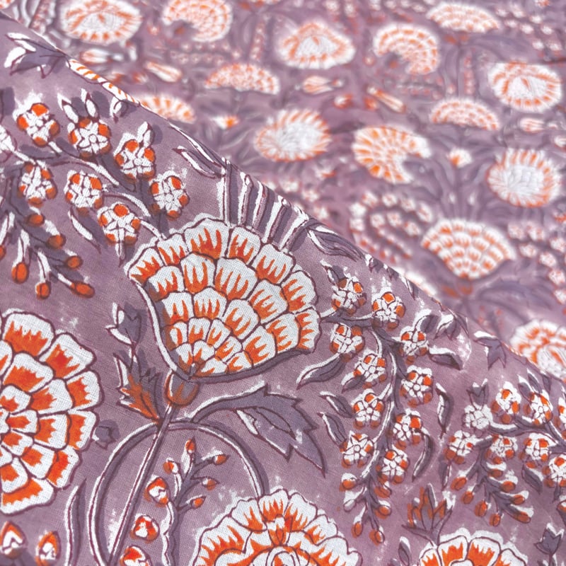 50cm単位】くすみグレイッシュパープルオレンジフラワー 片耳ボーダー