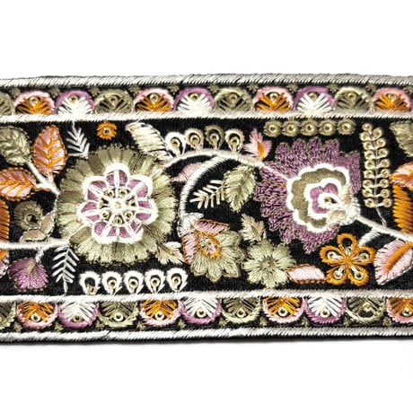 【50cm単位】ブラックグリーン　カラフルフラワー　インド刺繍リボン　ハンドメイド材料　りぼん素材
