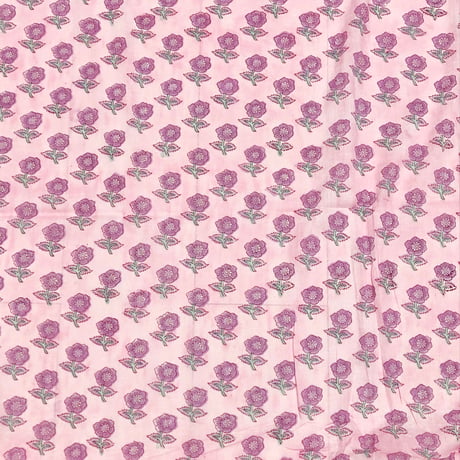 【50cm単位】ペールピンクパープルスモールフラワー　片耳ボーダー付き　インド　ハンドブロックプリント生地　テキスタイル  コットン