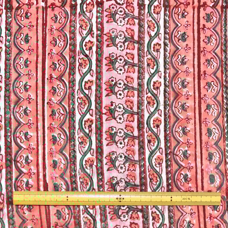50cm単位】ピンクレッドストライプ インド ハンドブロックプリント生地