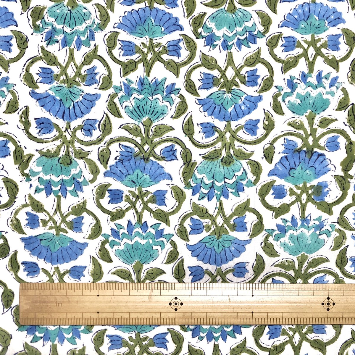 インド　ブロックプリントキルト　大判 青白花柄 訳あり☆インド ブロックプリントキルト 大判 青白花柄 50cm単位