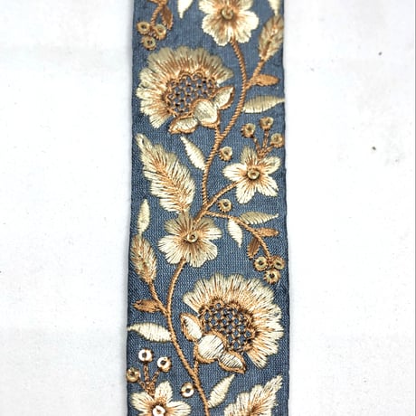 【50cm単位】くすみブルー　フローラル　インド刺繍リボン　ハンドメイド材料　りぼん素材