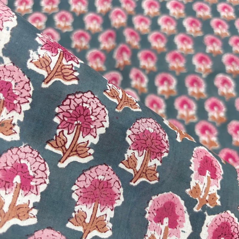 50cm単位】ダークグレーグリーンピンクスモールフラワー インド ハンド