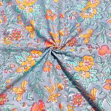 半幅帯 綿 ブロックプリント 花浅葱色 浅葱鼠色 可愛らしく 