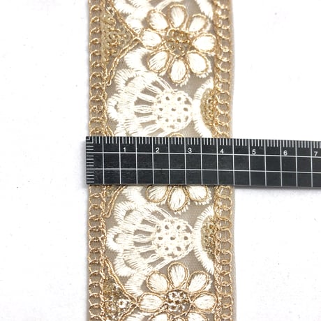 【50cm単位】ホワイトグレー　ゴールドチュール　チュール素材　インド刺繍リボン　ハンドメイド材料　りぼん素材