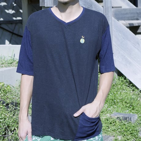 『テッポーTシャツ with ポケット_地球と月』Hemp×オーガニックコットン(BLACK&NAVY Hemp)