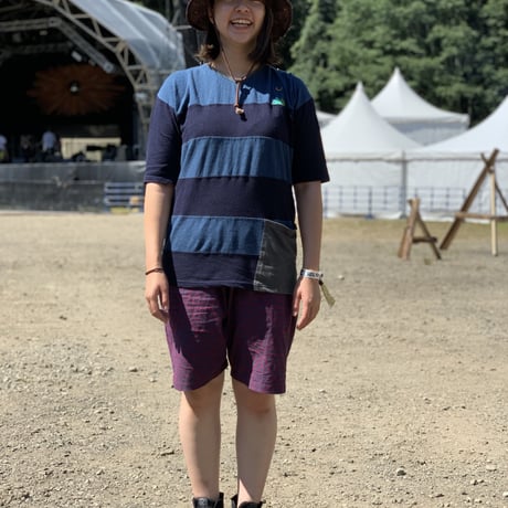 『テッポーTシャツ ボーダーパッチワーク  ポケット付き_山と月』Hemp×オーガニックコットン(Navy  Hemp)