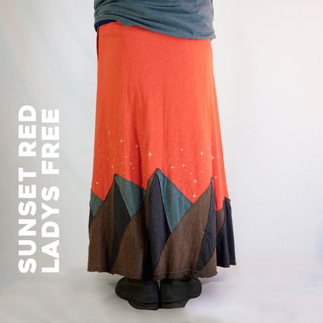 『パッチワークロングスカート MOON&MOUNTAIN』Hemp×オーガニックコットン(SUNSET RED)