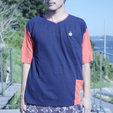 『テッポーTシャツ with ポケット_地球と月』Hemp×オーガニックコットン(NAVY&SUNSET RED Hemp)
