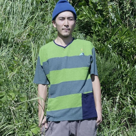 『テッポーTシャツ ボーダーパッチワーク  ポケット付き_山と月』Hemp×オーガニックコットン(Green Hemp)