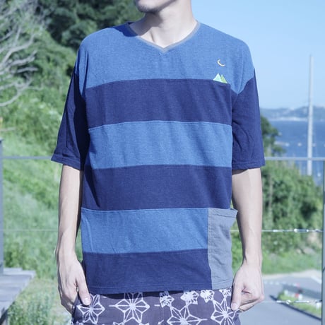 『テッポーTシャツ ボーダーパッチワーク  ポケット付き_山と月』Hemp×オーガニックコットン(Navy  Hemp)