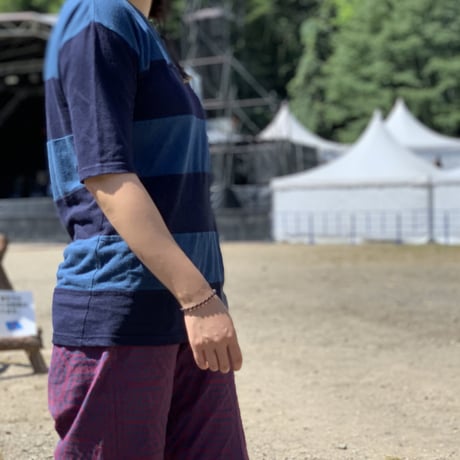 『テッポーTシャツ ボーダーパッチワーク  ポケット付き_山と月』Hemp×オーガニックコットン(Navy  Hemp)