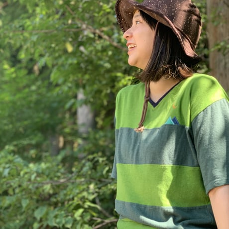 『テッポーTシャツ ボーダーパッチワーク  ポケット付き_山と月』Hemp×オーガニックコットン(Green Hemp)