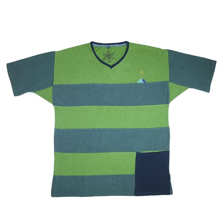 『テッポーTシャツ ボーダーパッチワーク  ポケット付き_山と月』Hemp×オーガニックコットン(Green Hemp)