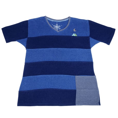 『テッポーTシャツ ボーダーパッチワーク  ポケット付き_山と月』Hemp×オーガニックコットン(Navy  Hemp)