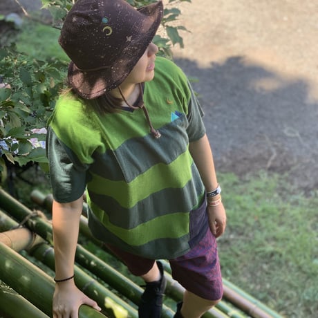 『テッポーTシャツ ボーダーパッチワーク  ポケット付き_山と月』Hemp×オーガニックコットン(Green Hemp)