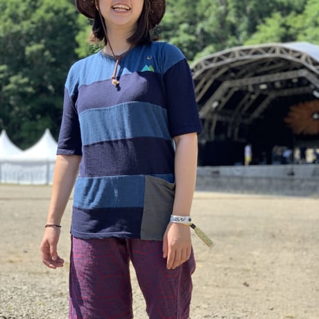 『テッポーTシャツ ボーダーパッチワーク  ポケット付き_山と月』Hemp×オーガニックコットン(Navy  Hemp)