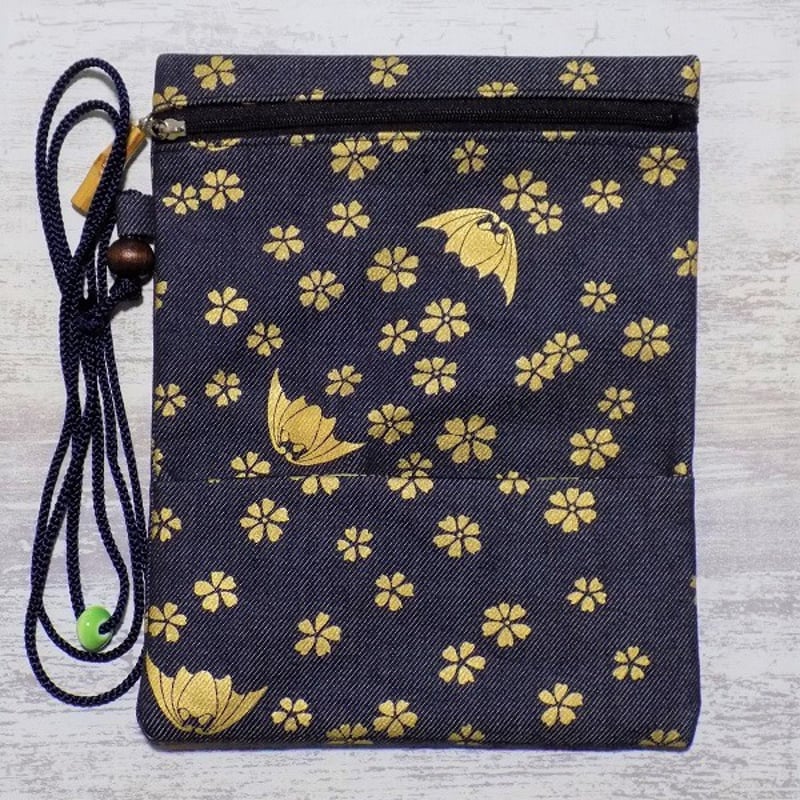 オーダー 京都 道中財布 濃紺デニム地製 「蝙蝠に桜 金