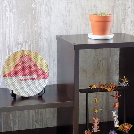 京都　ガラス製飾り皿　金彩ガラス皿　「赤富士」　丸形