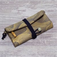 京都　特別仕様　道中財布　正絹（シルク）紺地製　「波　金ぼかし」　鯉紋様