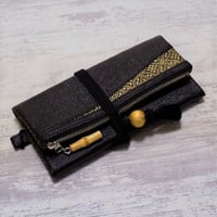 ※オーダー　京都　本革製道中財布　姫路黒桟革×金糸織帯地黒色製　「七宝　金」