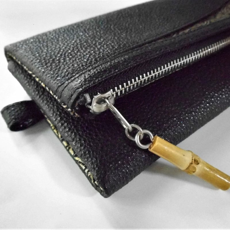 オーダー 京都 本革製道中財布 姫路黒桟革×金糸織帯地黒色製