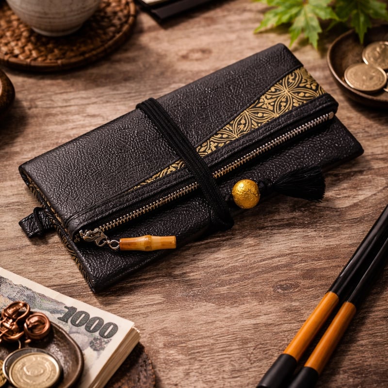 オーダー 京都 本革製道中財布 姫路黒桟革×金糸織帯地黒色製 「七宝 金