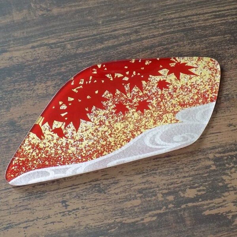 京都 ガラス製飾り皿 金彩ガラス皿 「紅葉に流水」 不定形