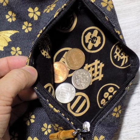 オーダー　京都　道中財布　濃紺デニム地製　「蝙蝠に桜　金」